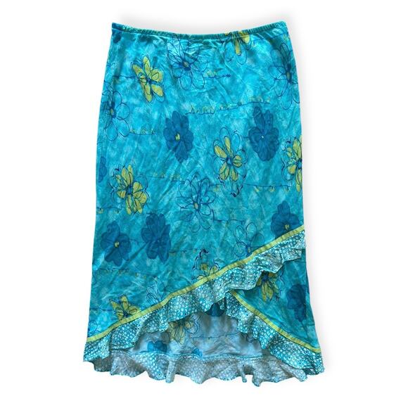 Vintage Y2K Anne Carson Ruffled High Low Slip Skirt Blue Lime Green Floral  L - Picture 7 of 7
